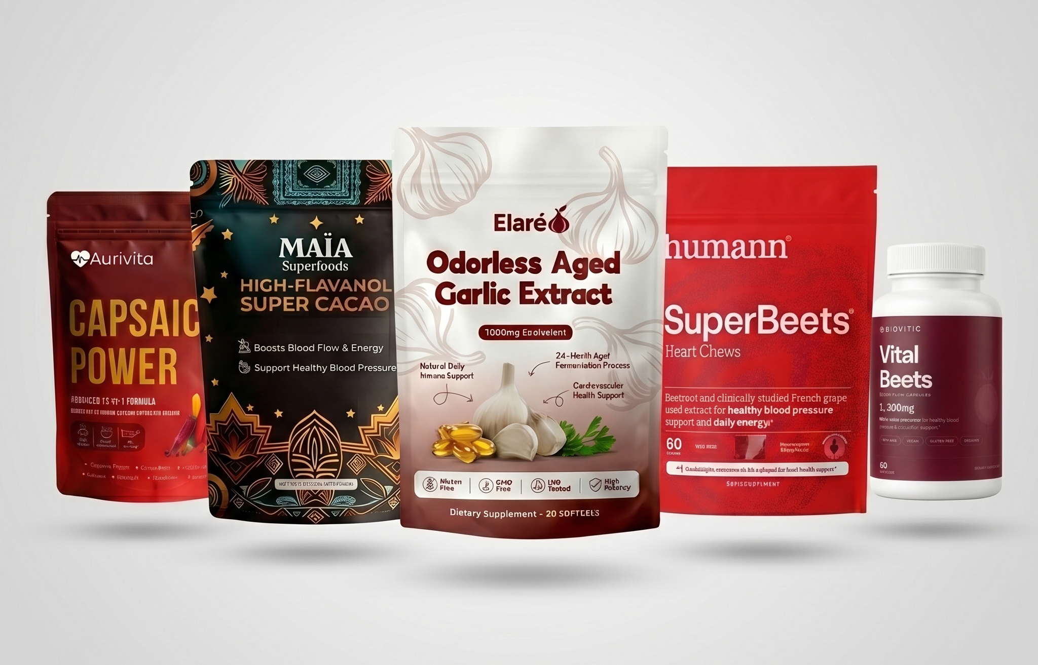 Five blood pressure supplements reviewed: Aurivita Capsaicin Power, Maia Super Cacao, Elare Odorless Aged Garlic Extract, HumanN SuperBeets Heart Chews, and VitalBeets by Biovitic